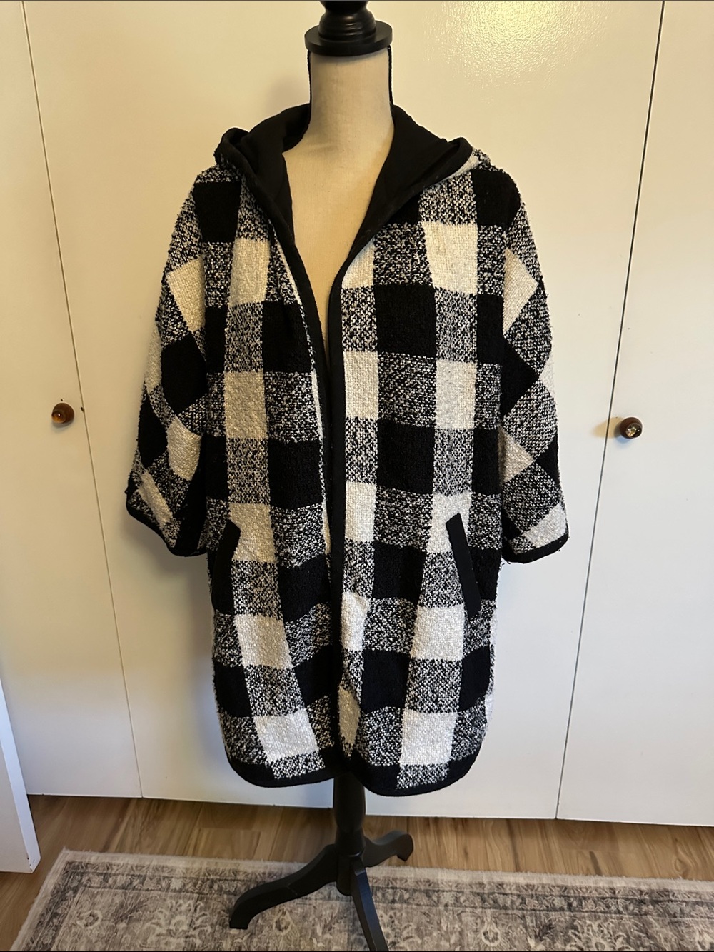 Forever 21 Black and White Buffalo Check Hooded Coat